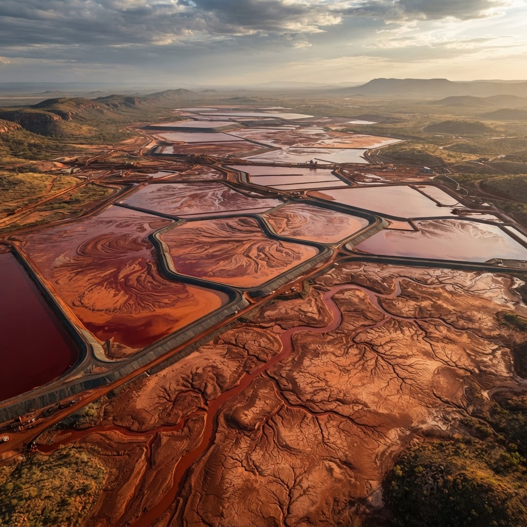 Aerial view of an industrial red mud impoundment pond Aerial view of an industrial red mud impoundment pond
